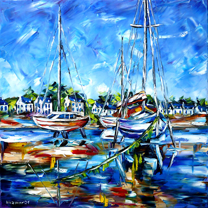 Painting titled "Die Boote der Breta…" by Mirek Kuzniar, Original Artwork, Oil