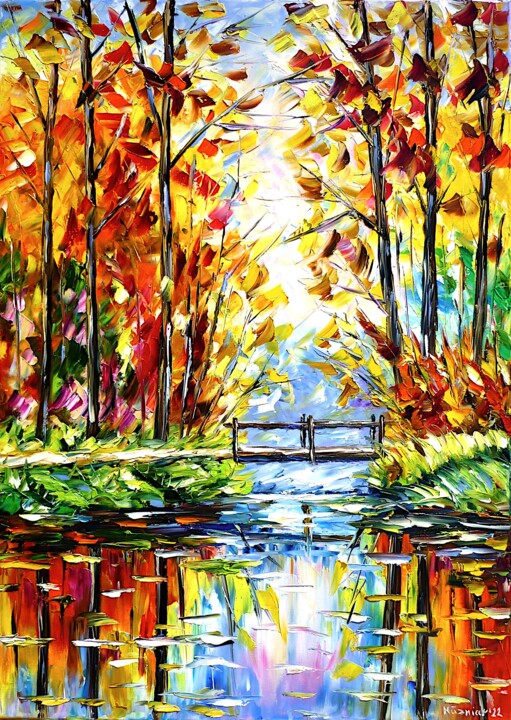 Malerei mit dem Titel "Autumn river" von Mirek Kuzniar, Original-Kunstwerk, Öl