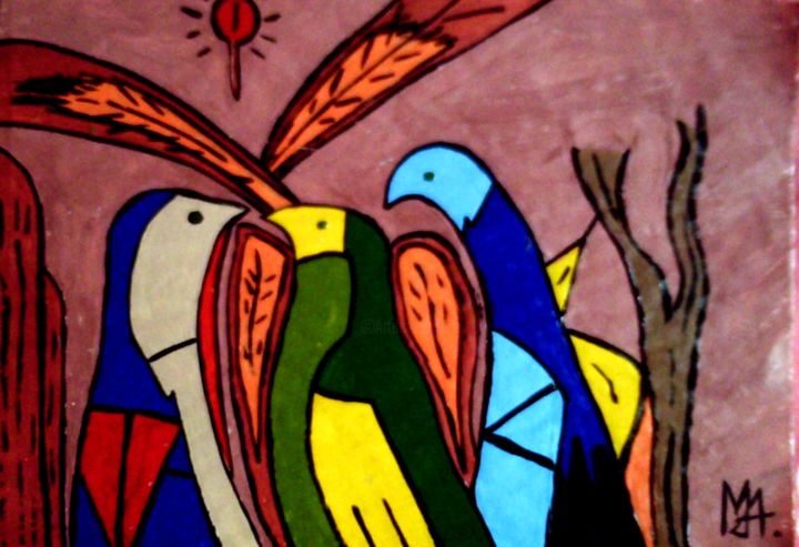 Painting titled "os três pássaros" by Mairon Almeida, Original Artwork