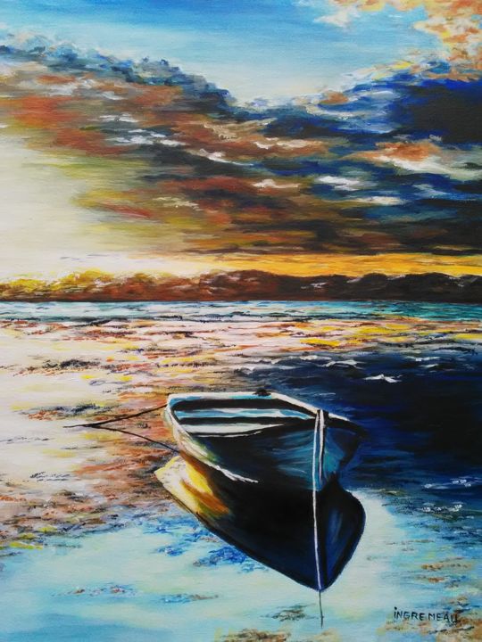 Peinture intitulée "barque à la tombée…" par Maithé Ingremeau, Œuvre d'art originale, Acrylique