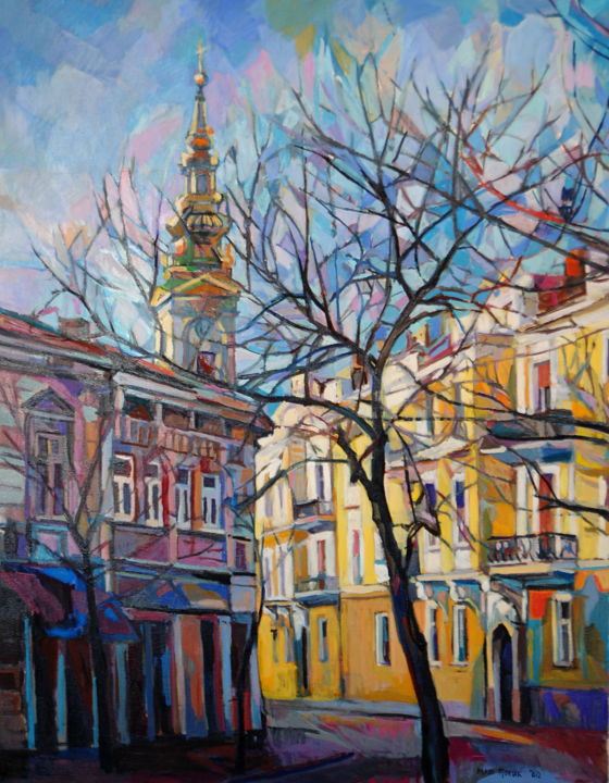 Painting titled "Yellow street # 2" by Maja Djokic Mihajlovic, Original Artwork