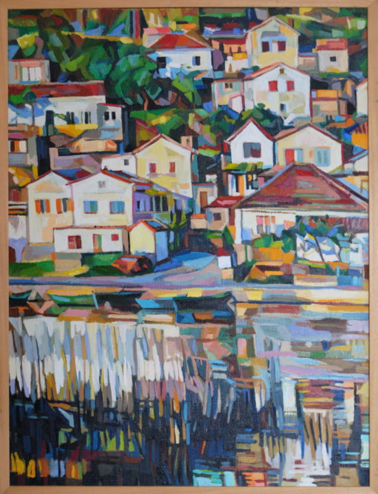 Painting titled "Houses on the lake…" by Maja Djokic Mihajlovic, Original Artwork, Oil