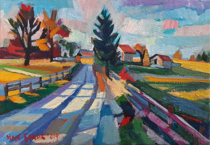 Картина под названием "On the road 16x13cm…" - Maja Djokic Mihajlovic, Подлинное произведение искусства, Масло