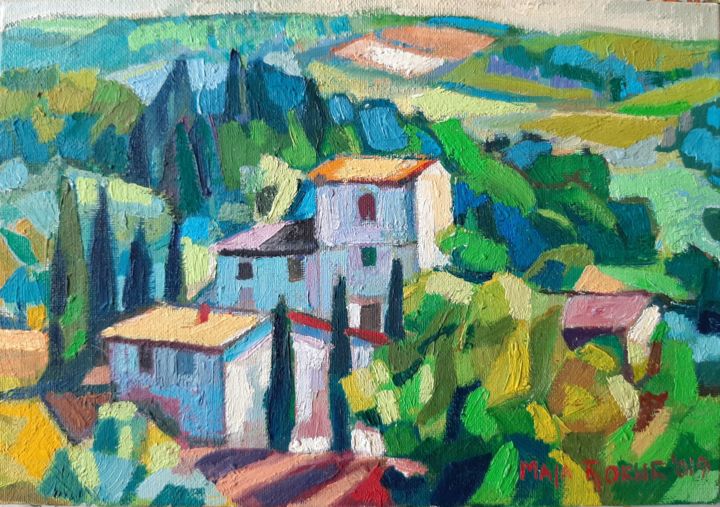Painting titled "Tuscany, miniature,…" by Maja Djokic Mihajlovic, Original Artwork, Oil