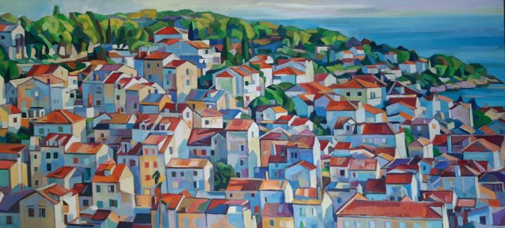 Painting titled "Mediterranean roofs" by Maja Djokic Mihajlovic, Original Artwork, Oil