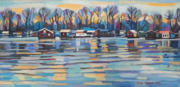 Painting titled "Winter day on the r…" by Maja Djokic Mihajlovic, Original Art, Oil