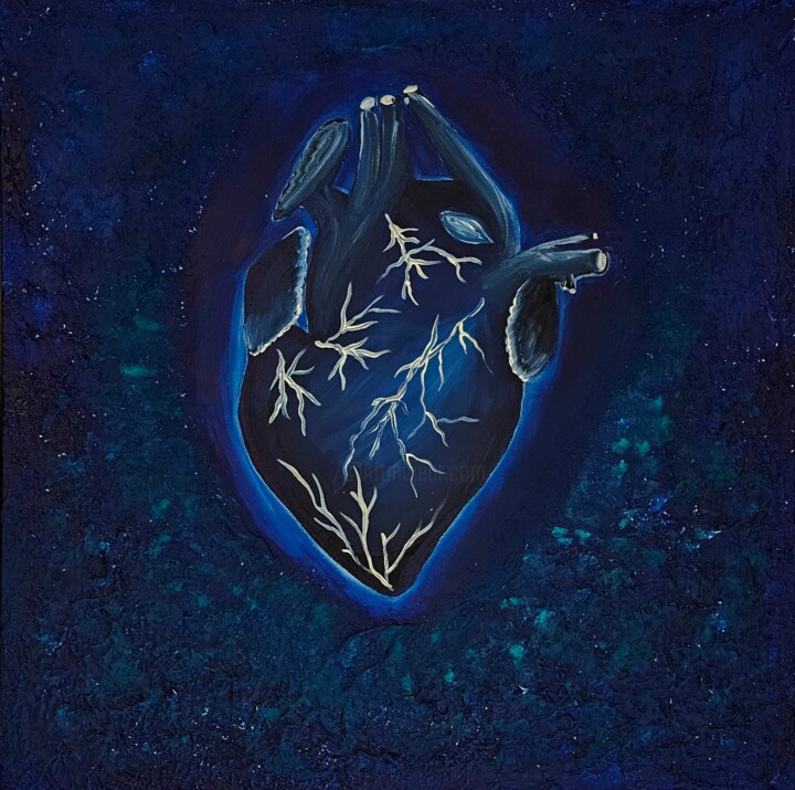 Malarstwo zatytułowany „The Blue Heart” autorstwa Maja Flügel, Oryginalna praca, Akryl Zamontowany na Drewniana rama noszy