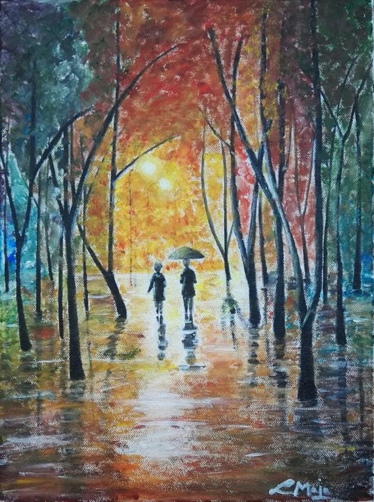 Painting titled "Autumn rain" by Maja Lemesanszky, Original Artwork, Acrylic