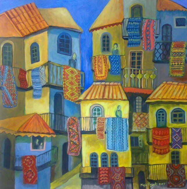 Painting titled "houses with carpets" by Majd Kayali, Original Artwork