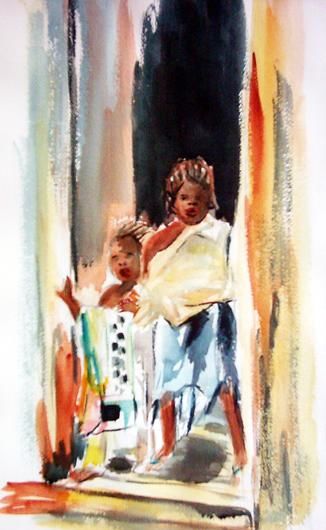 Painting titled "Femme et Enfant deb…" by Majo, Original Artwork, Watercolor
