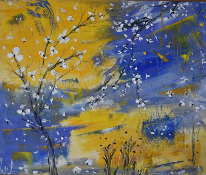 Painting titled "Blossoms  in Blue a…" by Maka Kvartskhava (Stillwhite), Original Artwork, Oil