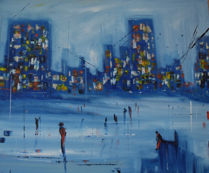 Peinture intitulée "People in Blue city" par Maka Kvartskhava (Stillwhite), Œuvre d'art originale, Huile