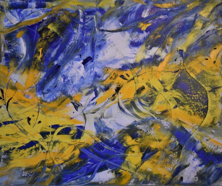 Painting titled "Motions of Blue & Y…" by Maka Kvartskhava (Stillwhite), Original Artwork, Oil
