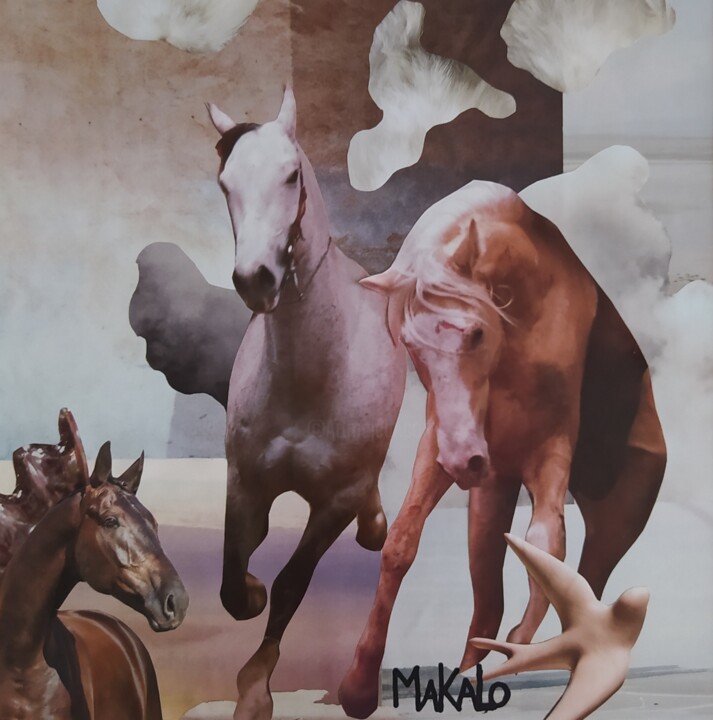 Collages titulada "Pegasus" por Makalo, Obra de arte original, Collages Montado en Panel de madera