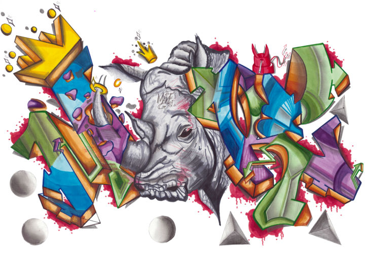 Desenho intitulada "RHINO" por Make, Obras de arte originais, Marcador