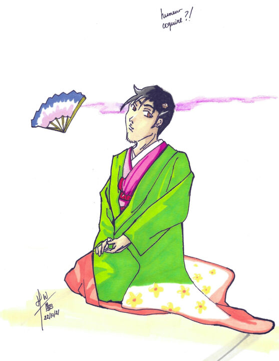 Dibujo titulada "Homme en kimono" por Willy Hervy, Obra de arte original, Rotulador