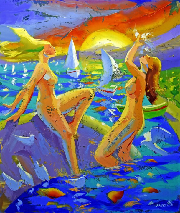 绘画 标题为“Sunset Bathers” 由Makiwa Mutomba, 原创艺术品, 油 安装在木质担架架上