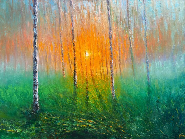 Painting titled "DAWN" by Maksym Ruban, Original Artwork, Oil Mounted on Wood Stretcher frame