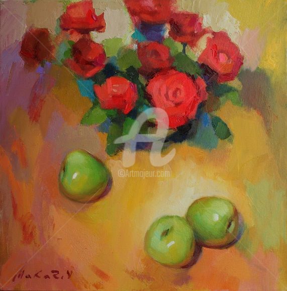 Painting titled "Red fslower." by Vadim Makarov, Original Artwork, Oil