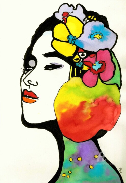 Painting titled "FLOWER LADY" by Mala, Original Artwork, Watercolor