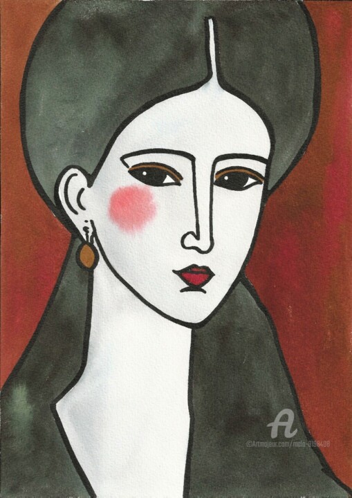 Painting titled "DIANE woman portrait" by Mala, Original Artwork, Watercolor
