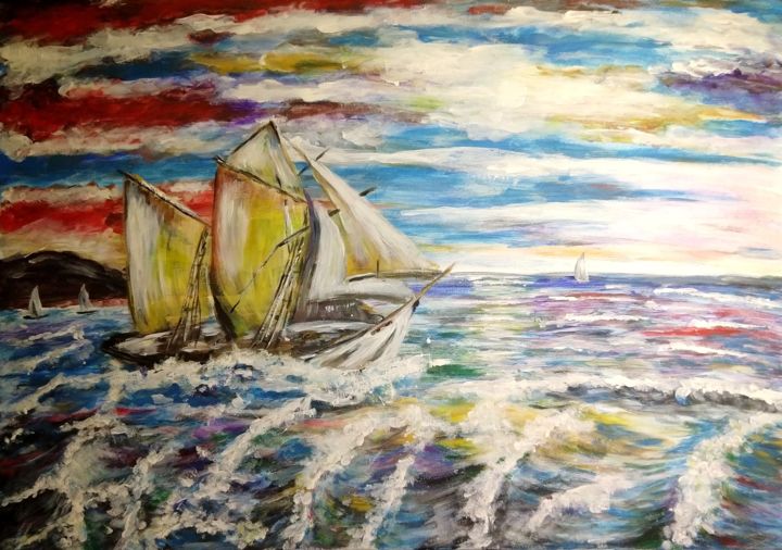Malerei mit dem Titel "Segelboot im Wind" von Vincent Kuhnert, Original-Kunstwerk, Acryl
