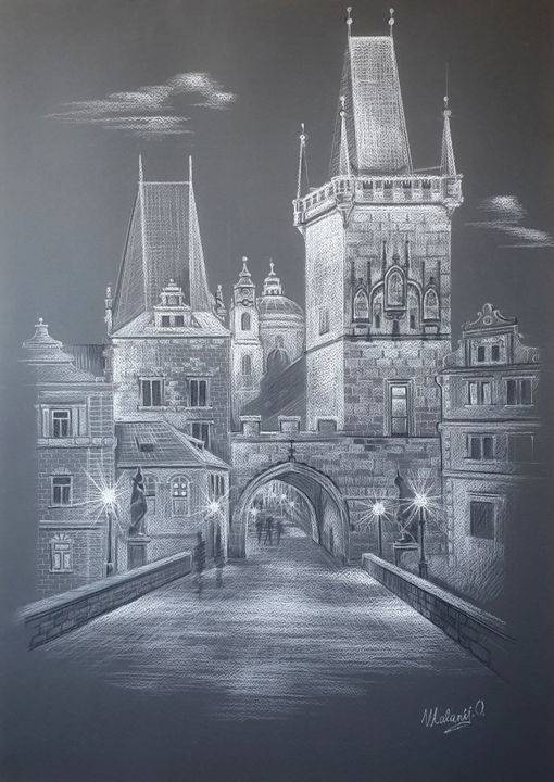 Drawing titled "Prague" by Malanij, Original Artwork, Pastel