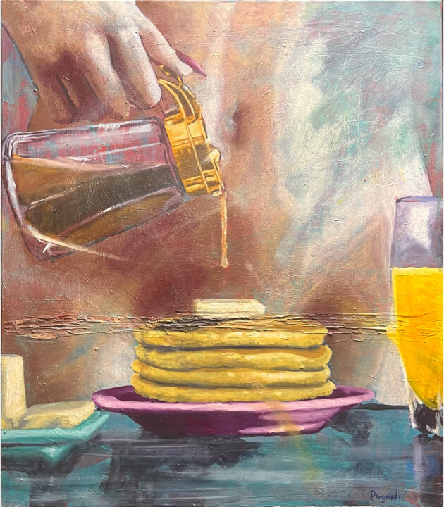 Painting titled "American Breakfast" by Malarz .Akrobata, Original Artwork, Oil Mounted on Wood Stretcher frame