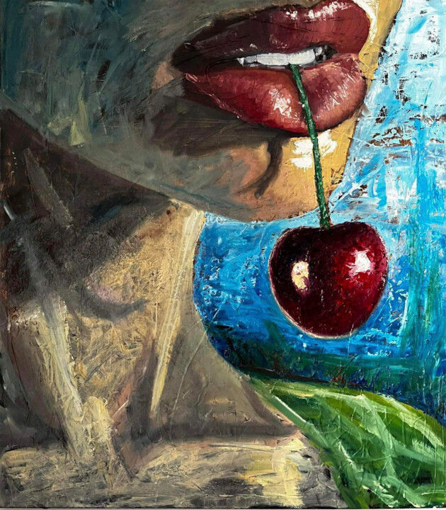 Painting titled "Cherry Cherry Lady" by Malarz .Akrobata, Original Artwork, Oil Mounted on Wood Stretcher frame