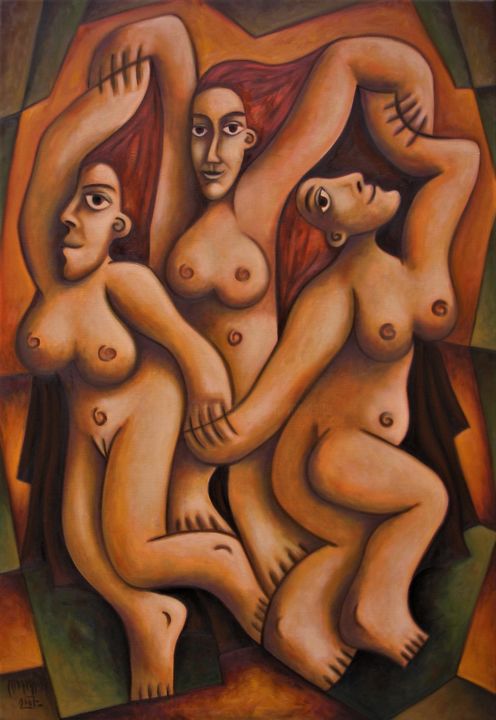Malerei mit dem Titel "Dancing girlfriends" von Zsolt Malasits, Original-Kunstwerk, Öl