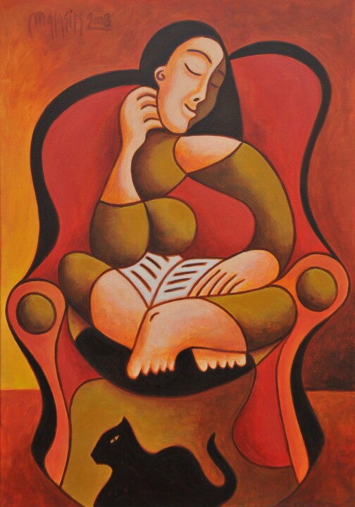 Painting titled "Dreaming woman" by Zsolt Malasits, Original Artwork, Oil Mounted on Wood Stretcher frame