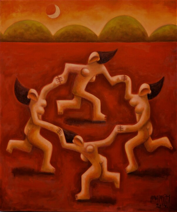 Painting titled "Dancing quartet" by Zsolt Malasits, Original Artwork, Oil Mounted on Wood Stretcher frame