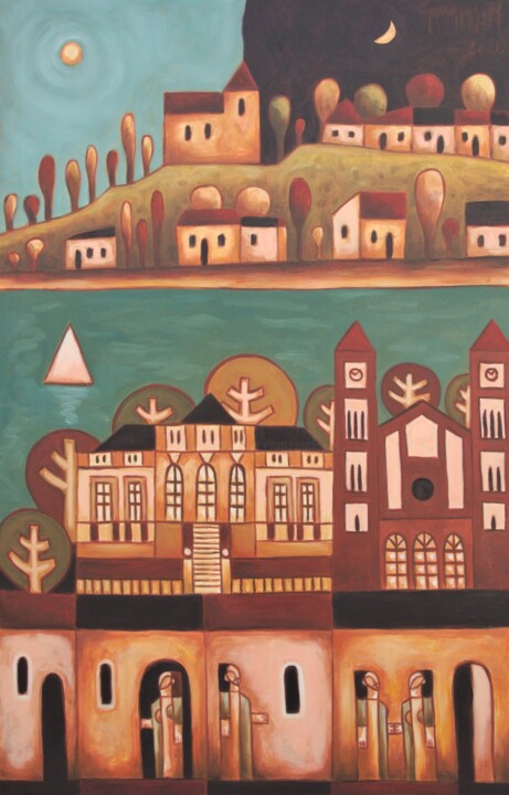 Malerei mit dem Titel "Spa town 1." von Zsolt Malasits, Original-Kunstwerk, Öl