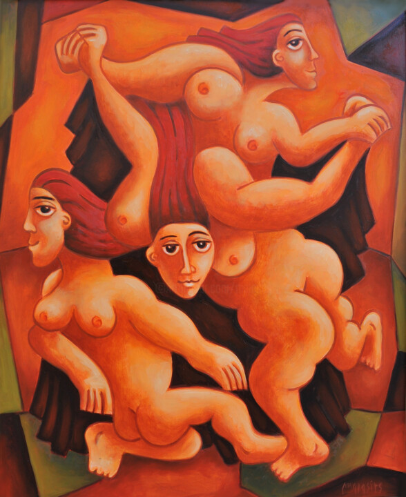 Painting titled "Girlfriends dance" by Zsolt Malasits, Original Artwork, Oil Mounted on Wood Stretcher frame