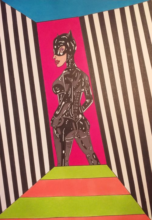 Drawing titled "Catwoman in jail" by Philippe Lefever, Original Art, Marker