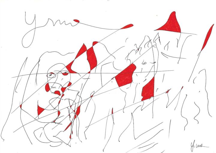 「Male Lemalki . SALU…」というタイトルの描画 Ynaによって, オリジナルのアートワーク, ボールペン その他の剛性パネルにマウント