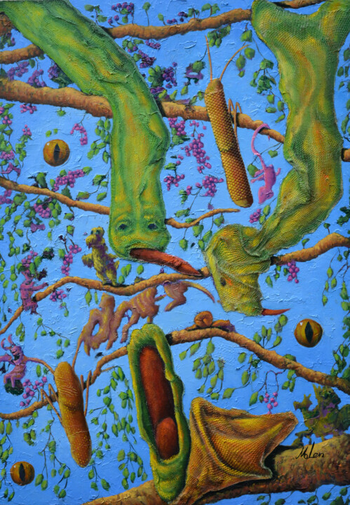 Painting titled "In the branches" by Malen L, Original Artwork, Oil