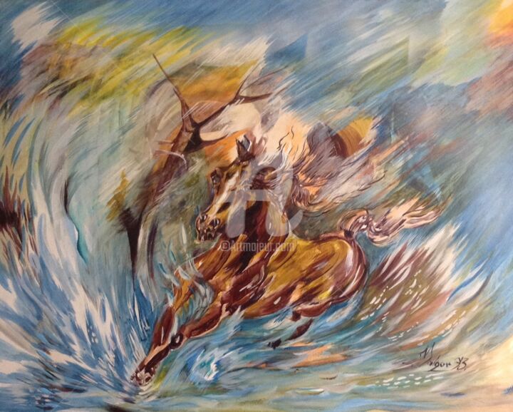 Painting titled "COURSE SOLITAIRE" by Malgor Sadlon, Original Artwork, Oil Mounted on Wood Stretcher frame