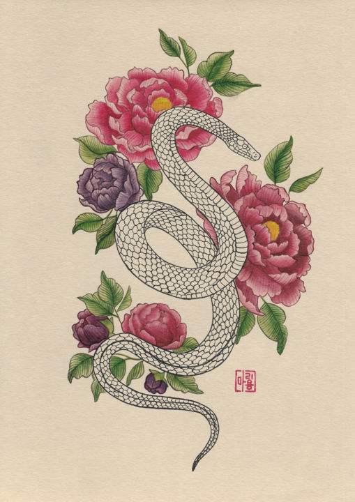 Snake With Peonies, Painting by Emyong 마리용 | Artmajeur