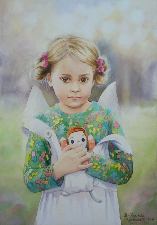 Painting titled "Little Angel IV" by Małgorzata  Zagórska-Gierak, Original Artwork, Watercolor