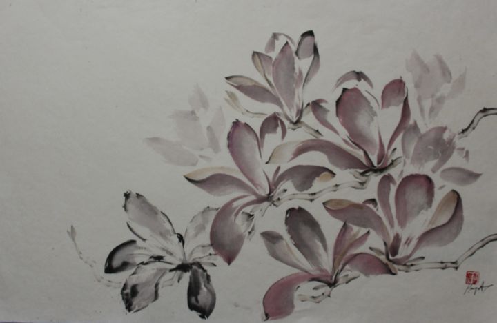 Malerei mit dem Titel "Magnolias in full l…" von Malgorzata Olejniczak, Original-Kunstwerk, Tinte