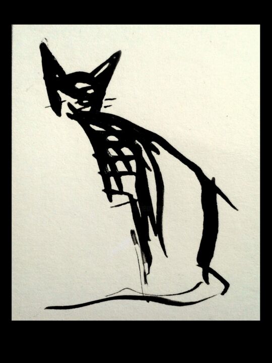 Dessin intitulée "eyed cat" par Michel Maquaire, Œuvre d'art originale, Encre