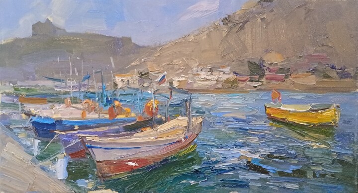 Картина под названием "Лодки в Балаклаве" - Малила Писаренко, Подлинное произведение искусства, Масло