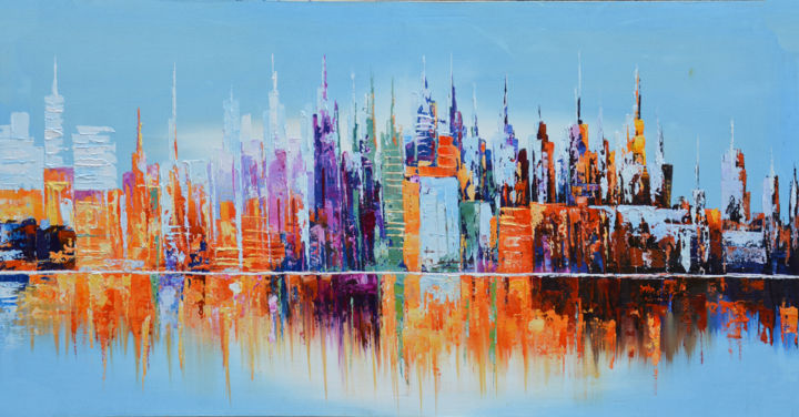 Painting titled "City by the Waters" by Malinga Kumarasinghe, Original Art, Acrylic Mounted on Stretcher frame