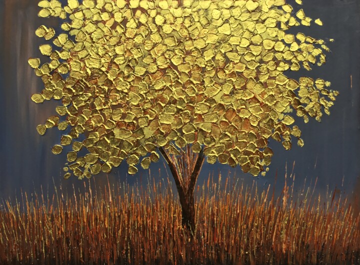 Painting titled "Golden Leaves" by Malinga Kumarasinghe, Original Artwork, Acrylic Mounted on Wood Stretcher frame