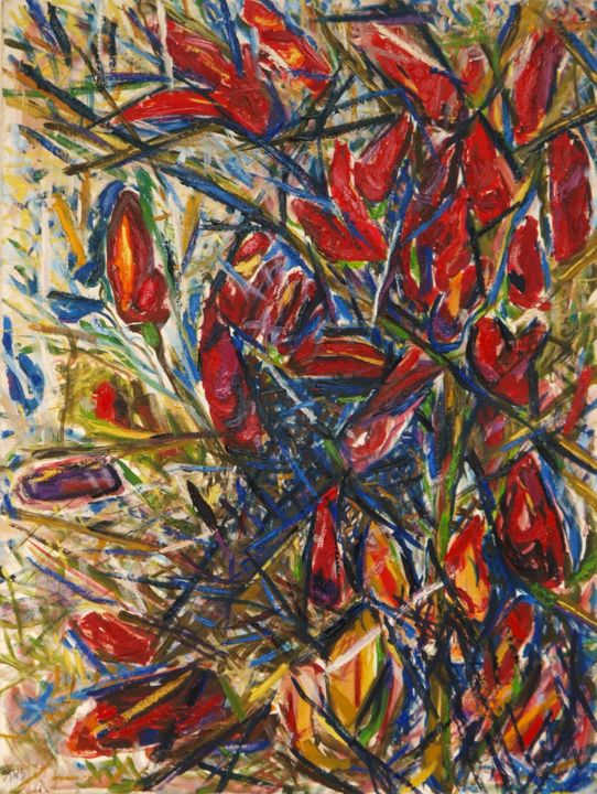Pittura intitolato "peppers red and blue" da Malka Jacobov Zamir, Opera d'arte originale, Olio