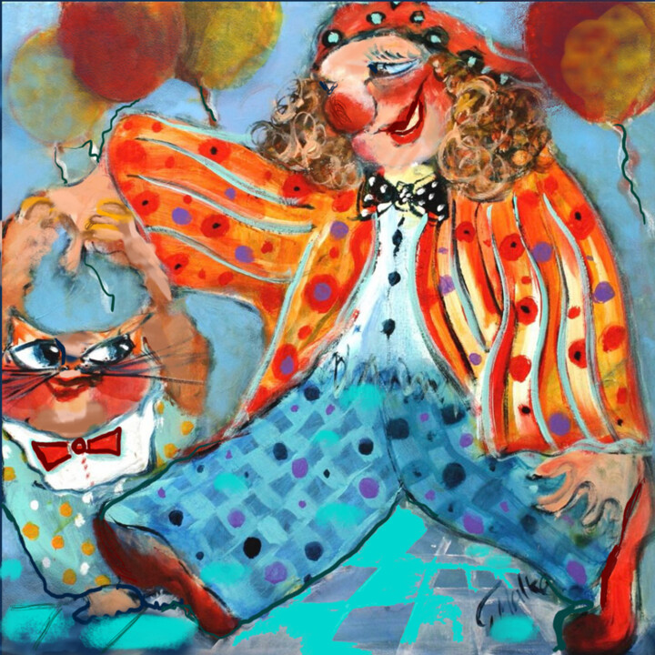 Pintura titulada "Clown with Cat" por Malka Tsentsiper, Obra de arte original, Impresión digital Montado en Bastidor de cami…