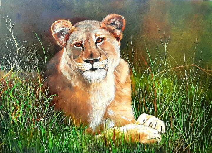 Painting titled "Leoa" by Malou Pombo, Original Artwork, Oil Mounted on artwork_cat.