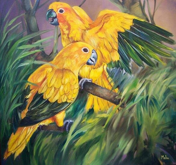 Painting titled "Ararajubas" by Malou Pombo, Original Artwork, Oil