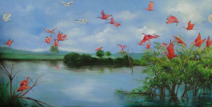 Painting titled "Revoada de guarás n…" by Malou Pombo, Original Artwork, Oil